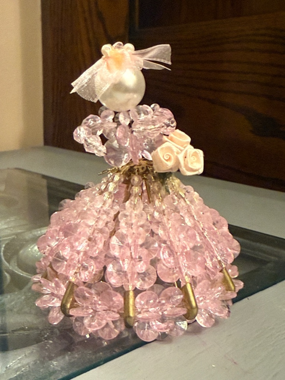 Handmade Vintage Safety Pin Doll Pink Beaded Dress Decorative Elegant